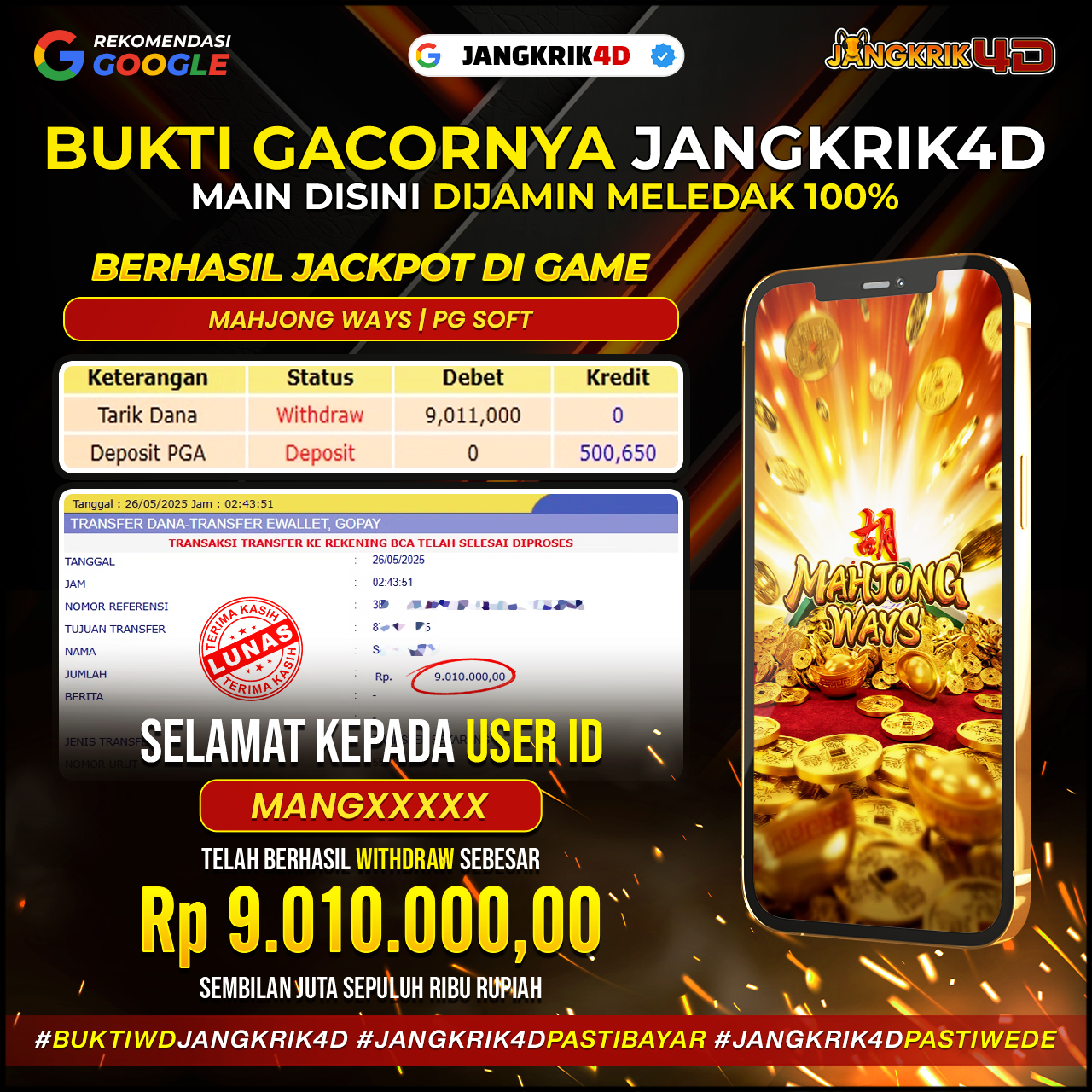Wihhh selamat ya buat member setia Jangkrik4D ID Username : MANGXXXX yang berhasil withdraw jackpot Rp.9.010.000 hari ini, tanggal 26 Mei 2025!