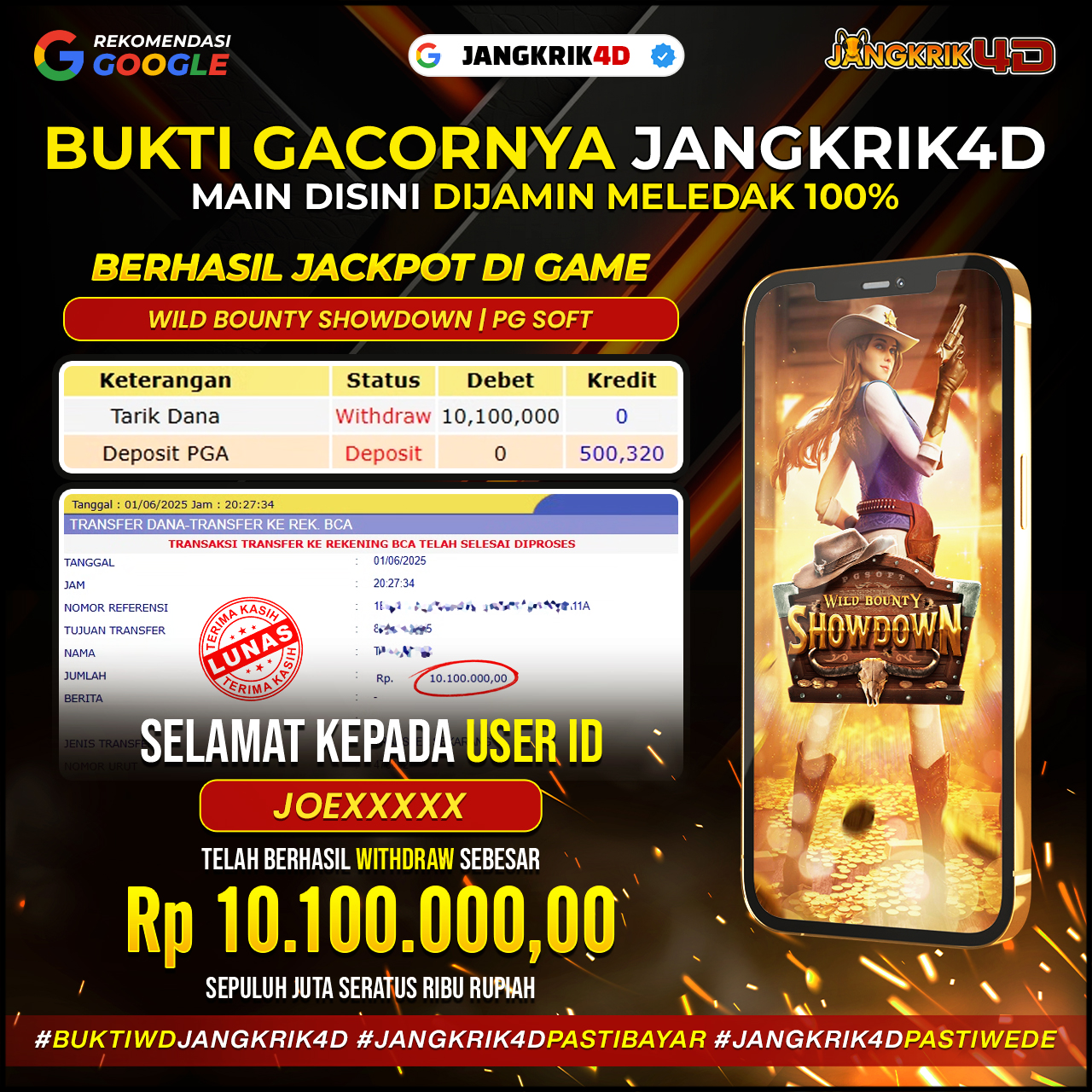 Hey, geng! Selamat banget buat member Jangkrik4D ID Username : JOEXXXX yang udah berhasil withdraw jackpot Rp.10.100.000 pada tanggal 01 Juni 2025!