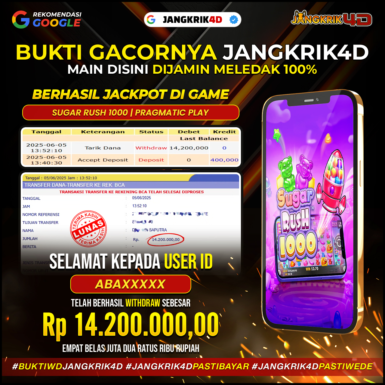 Keberuntungan kembali menyapa salah satu member kami! Kali ini, ABAXXXX sukses melakukan penarikan sebesar Rp14.200.000