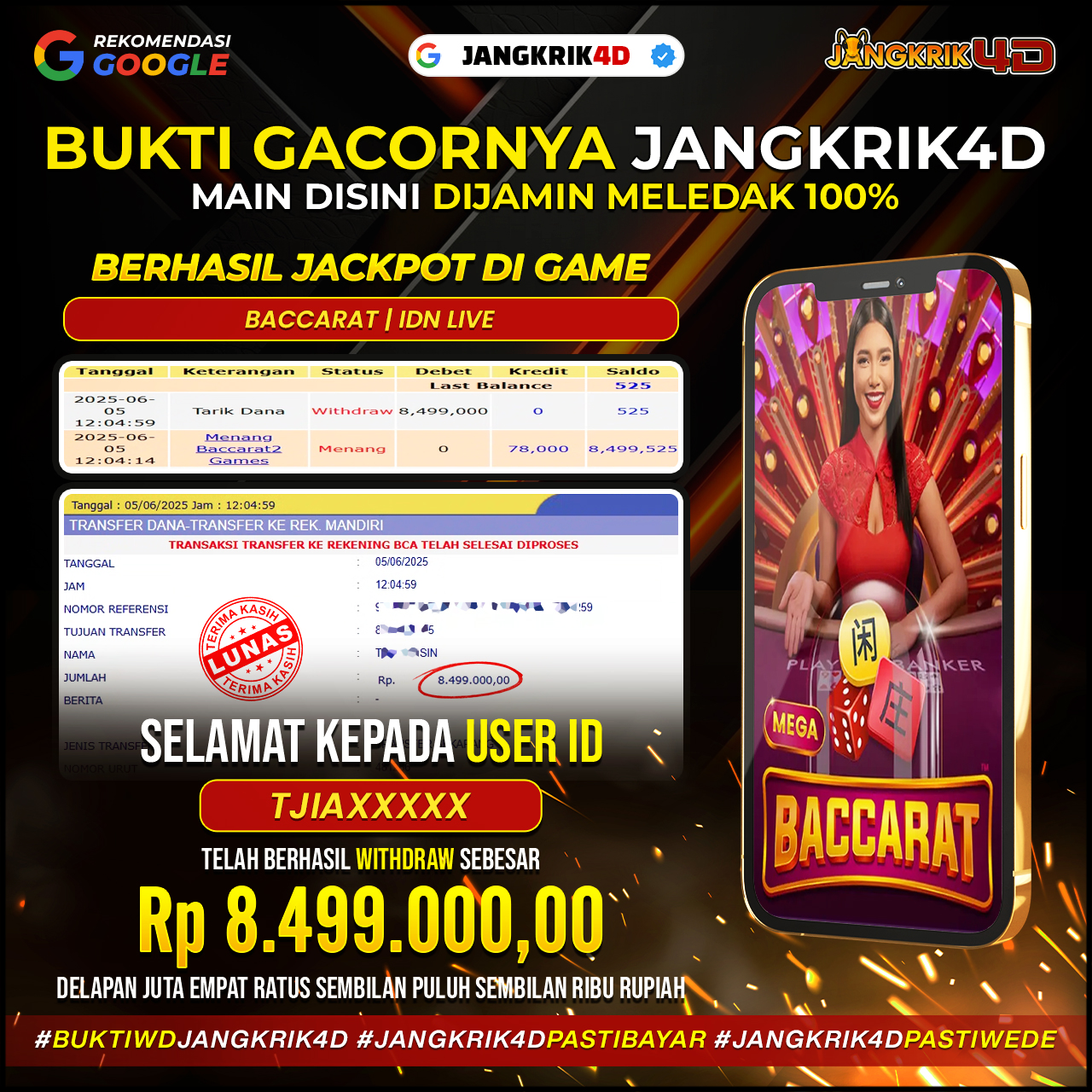 Kabar baik datang lagi dari member setia kami! Kali ini, TJIAXXXX berhasil menarik jackpot senilai Rp8.499.000