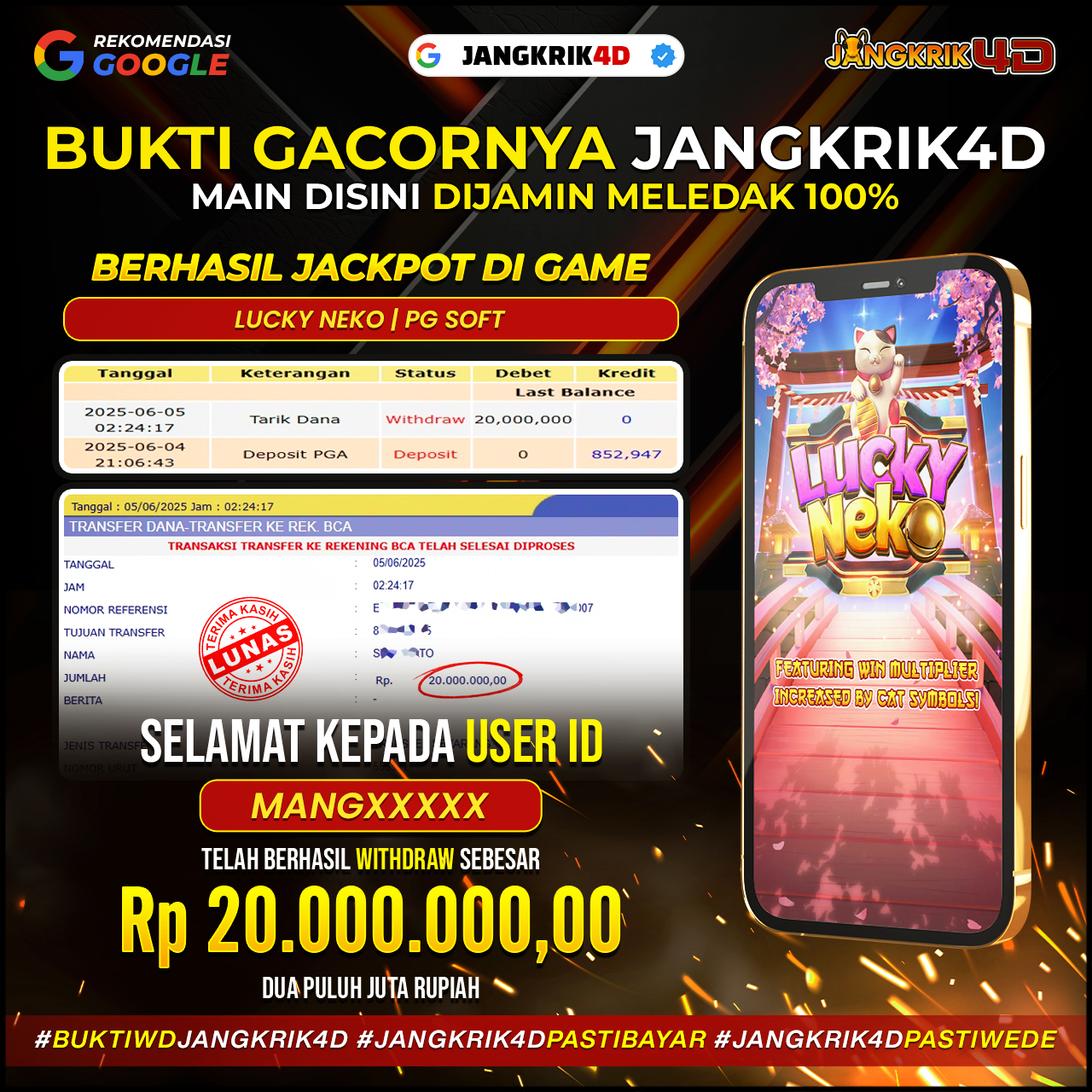 Pecah telor cuan besar hari ini! Member kami yang satu ini sukses menarik jackpot fantastis senilai Rp20.000.000