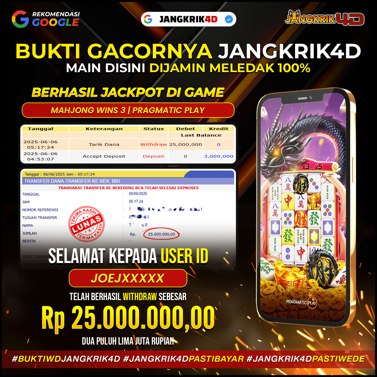Performa luar biasa ditunjukkan oleh member satu ini! Dengan strategi yang tenang dan penuh perhitungan, JOEJXXXX sukses menarik jackpot besar senilai Rp25.000.000