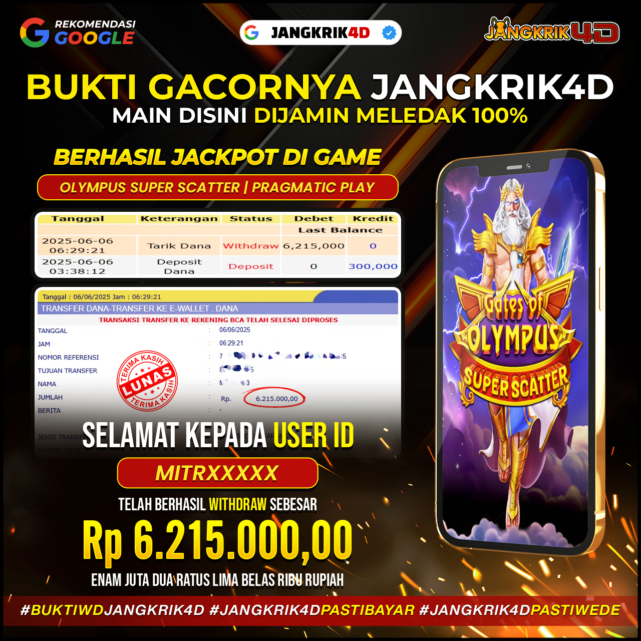 Kabar gembira datang dari salah satu member setia kami! Kali ini giliran MITRXXXXX yang berhasil menarik jackpot senilai Rp6.215.000