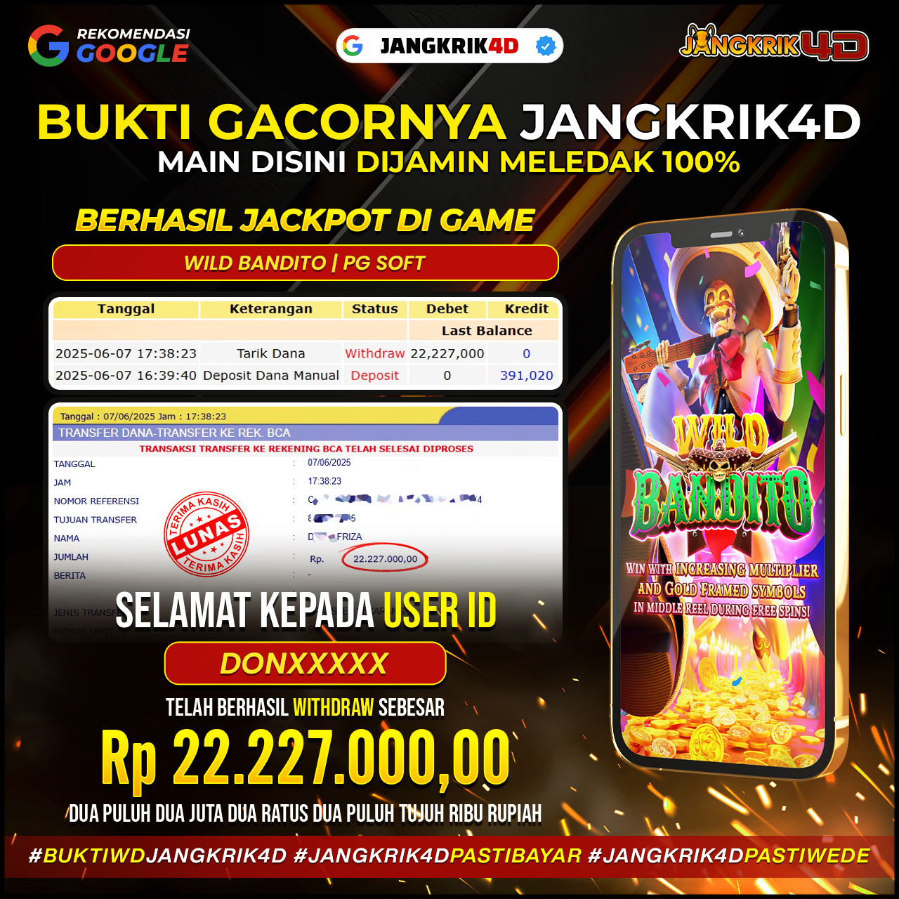 Kabar gembira datang lagi! DONXXXXX sukses menarik jackpot sebesar Rp22.227.000