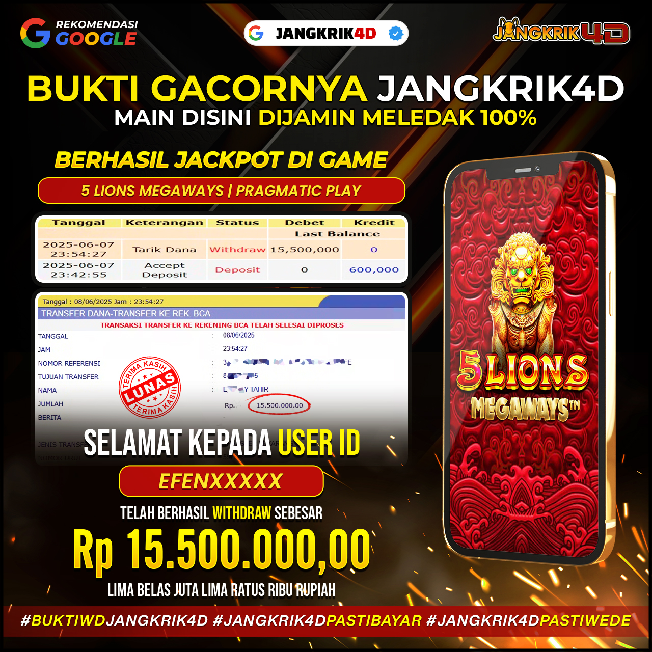 Lagi-lagi kemenangan besar tercipta! EFENXXXXX sukses menarik jackpot senilai Rp15.500.000