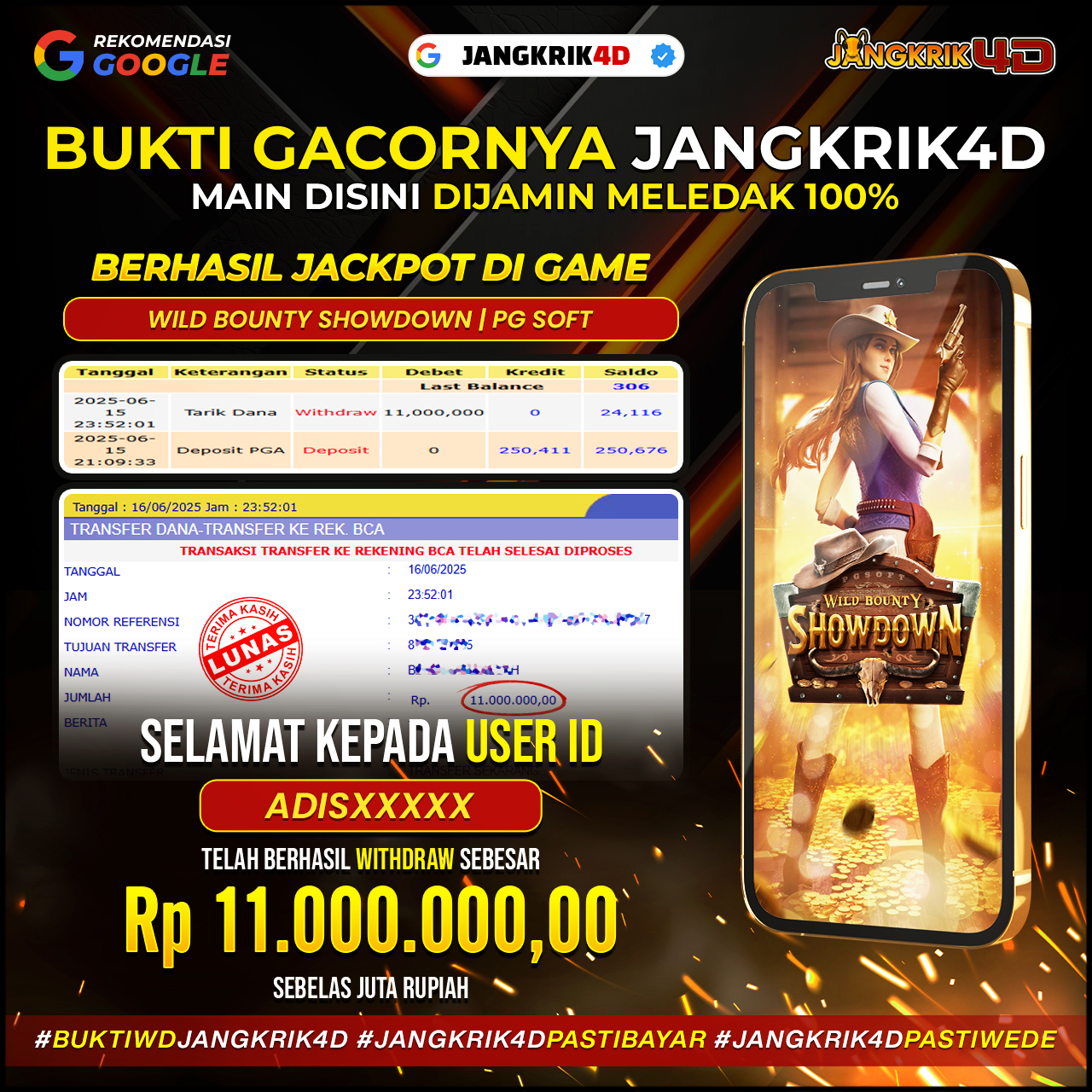 Wihhh mantap jiwa! Selamat buat member Jangkrik4D dengan ID Username: ADISXXX yang udah berhasil WD jackpot Rp.11.000.000 pada tanggal 15 Juni 2025 kemarin!
