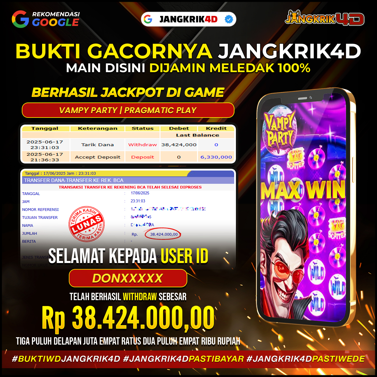 Gilak gacor sekali bosku! Selamat buat member Jangkrik4D dengan ID Username : DONXXXX yang berhasil withdraw jackpot Rp.38.424.000 di tanggal 17 Juni 2025 kemarin!