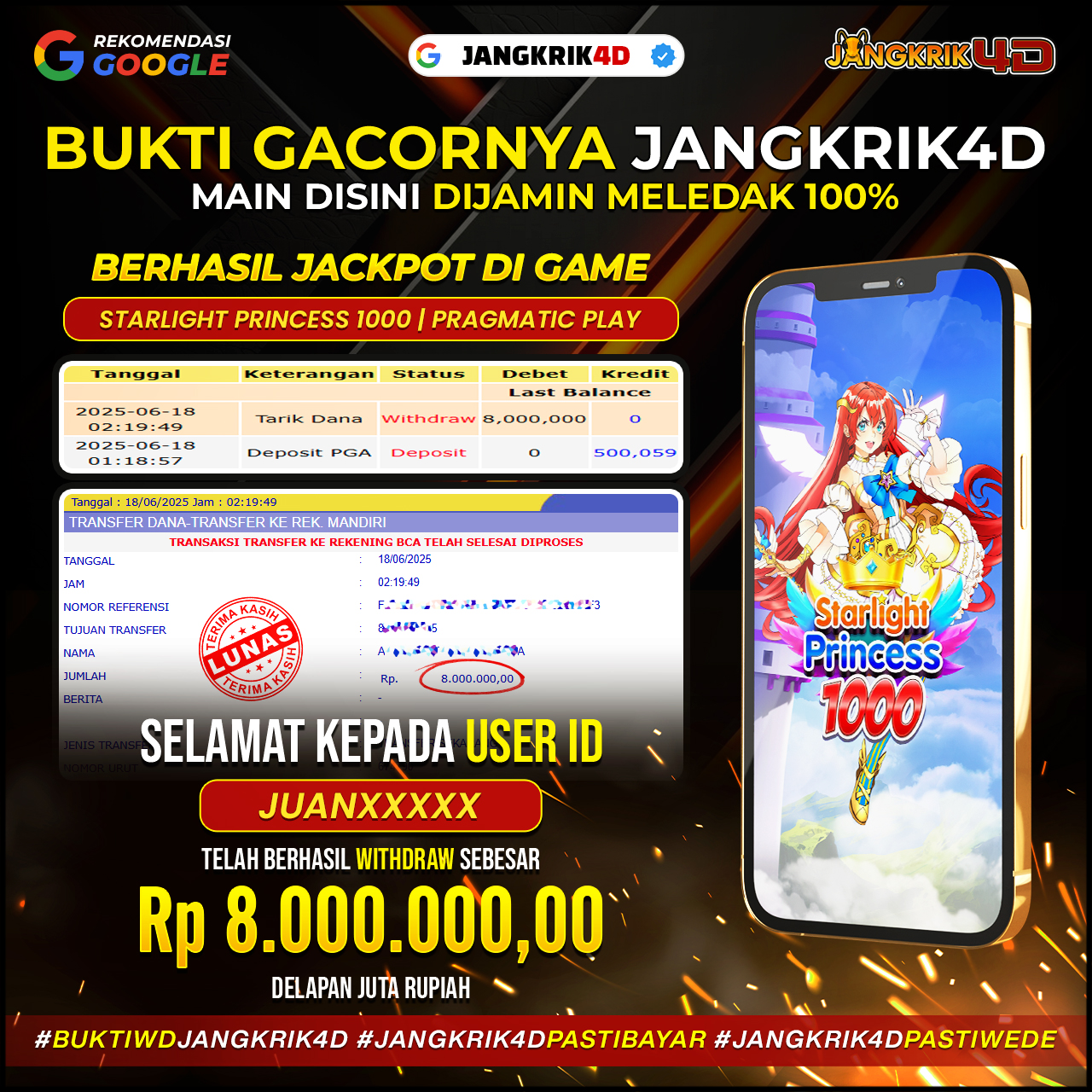 Goks ! Selamat buat member Jangkrik4D dengan ID username : JUANXXX yang udah sukses withdraw jackpot Rp.8.000.000 pada tanggal 18 Juni 2025!