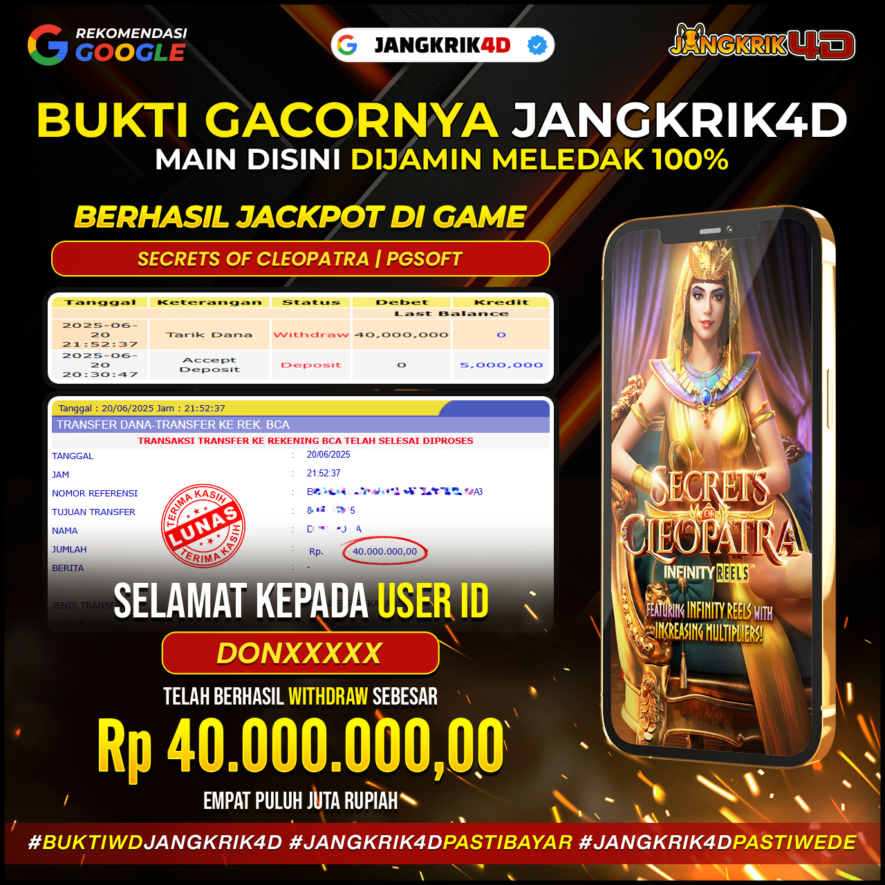 Wihhh mantap banget nih! Selamat buat member setia Jangkrik4D dengan ID Username : DONXXXX yang berhasil withdraw jackpot Rp. 40.000.000 di tanggal 20 Juni 2025!