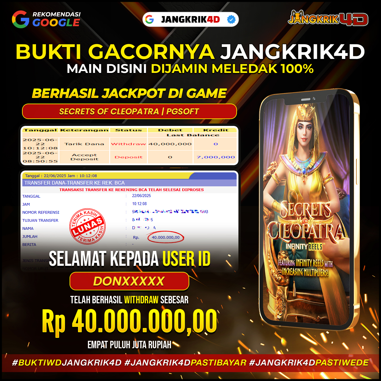 Mantap banget bosku! Selamat buat member setia Jangkrik4D dengan ID username : DONXXXX yang udah berhasil withdraw jackpot Rp.40.000.000 di tanggal 22 Juni 2025 !!