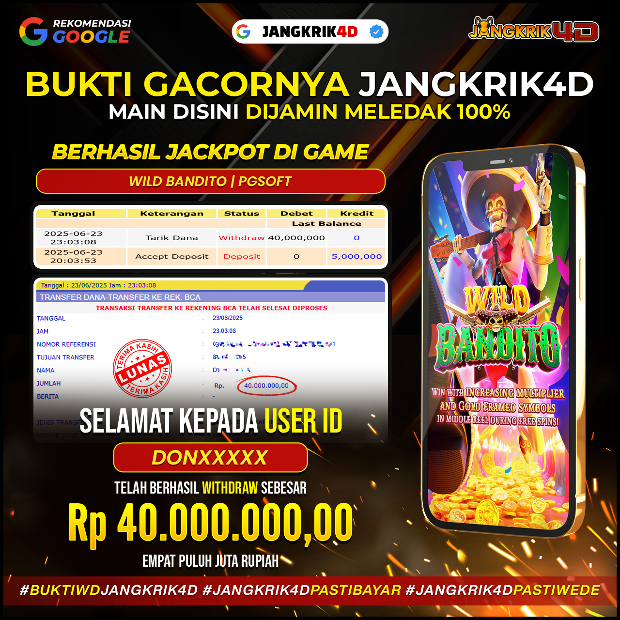 Wuihh mantap jiwaa! Selamat buat member setia Jangkrik4D dengan ID Username : DONXXXX yang berhasil melakukan withdraw jackpot Rp.40.000.000 pada tanggal 23 Juni 2025!