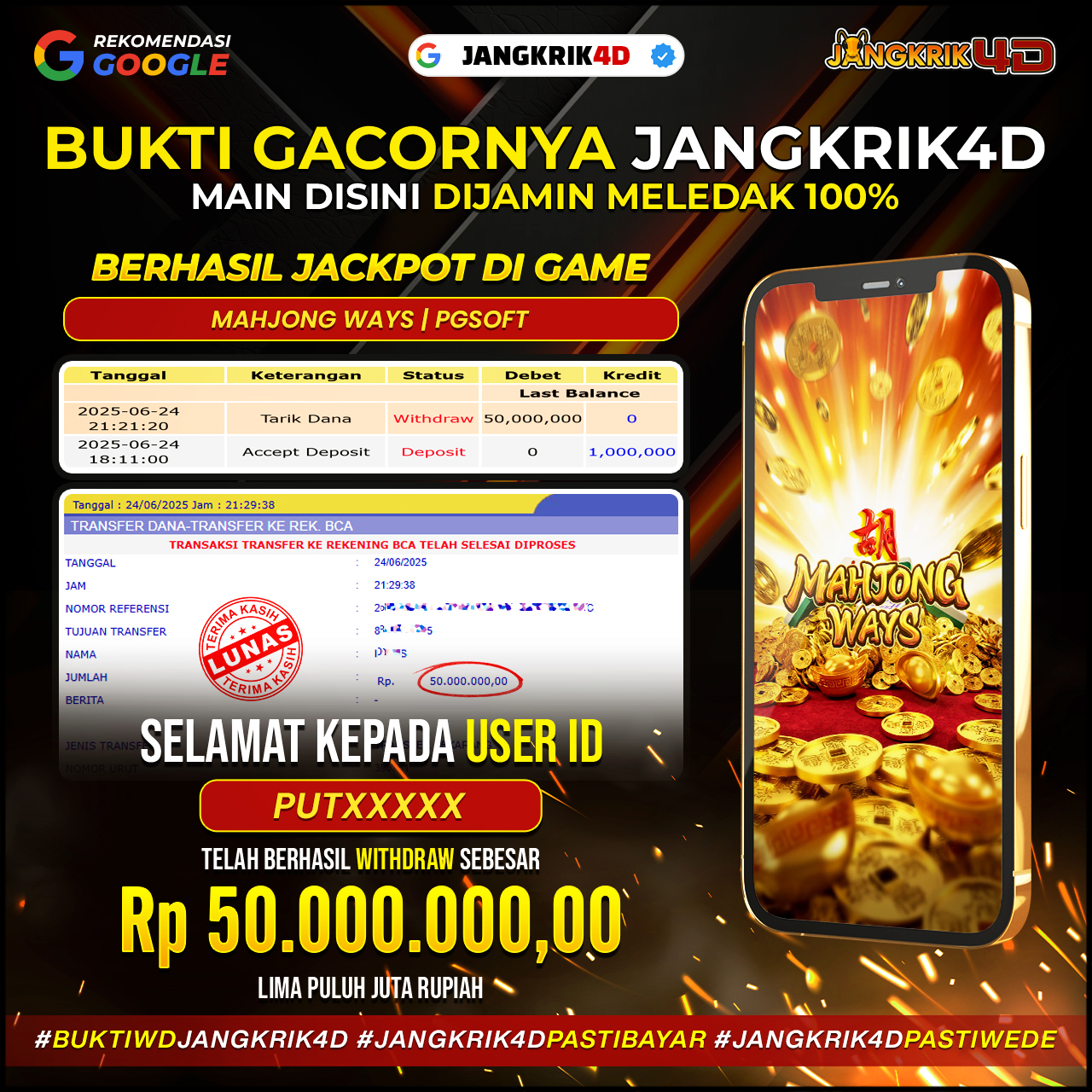 Gila Sih ini Bosku ! selamat yaa buat member setia Jangkrik4D dengan ID Username : PUTXXXX yang udah sukses withdraw jackpot Rp.50.000.000 di tanggal 24 Juni 2025 kemarin!