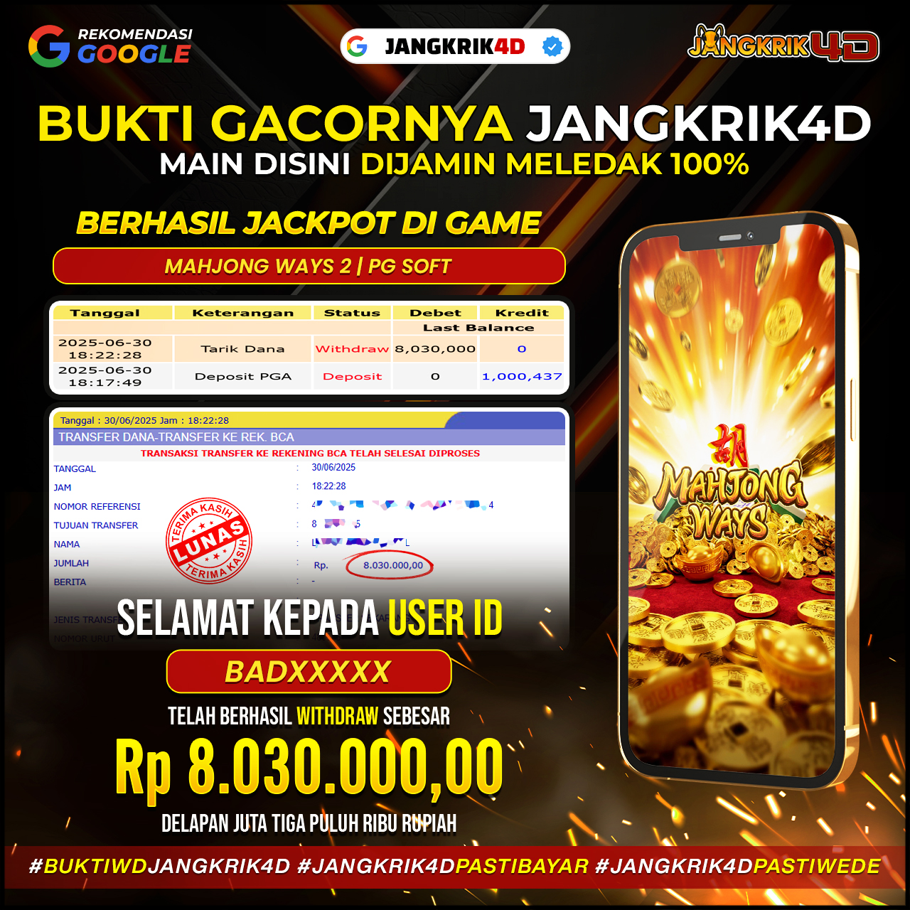Mantap banget nih bos ku cuan nya ! selamat ya buat member setia Jangkrik4D dengan ID Username : BADXXXX yang udah berhasil withdraw jackpot Rp.8.030.000 di tanggal 30 Juni 2025!