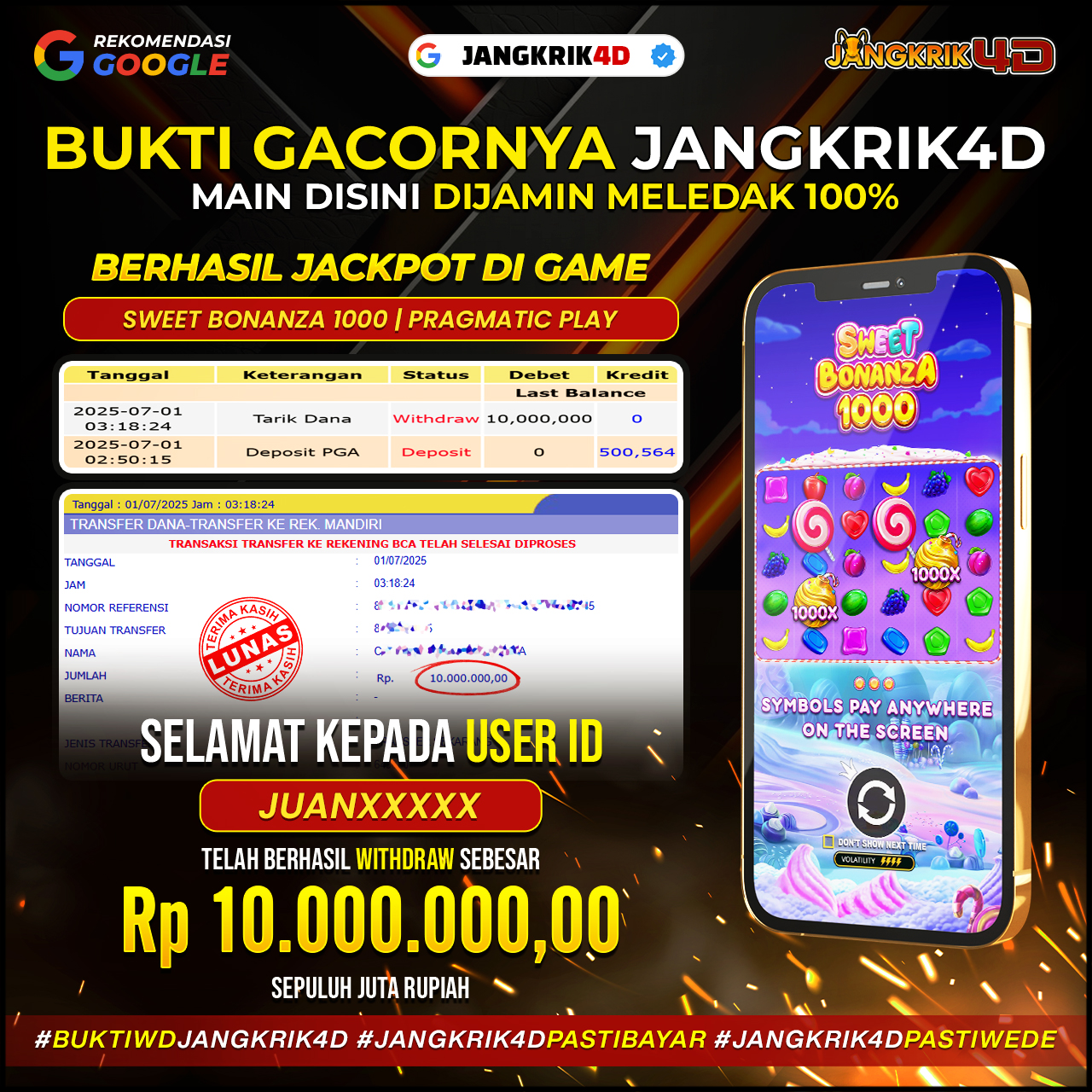 Gacor banget bosku ! Selamat buat member Jangkrik4D dengan ID Username : JUANXXXX yang udah sukses withdraw jackpot Rp.10.000.000 di tanggal 01 Juli 2025 kemarin!