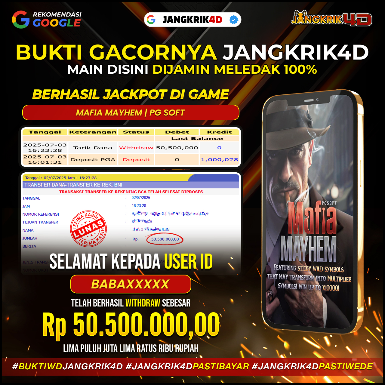 Gilak sih ini keren banget jp nya ! selamat yaa buat member setia Jangkrik4D dengan ID Username : BABAXXXX yang udah berhasil withdraw jackpot Rp. 50.500.000 pada tanggal 03 Juli 2025!