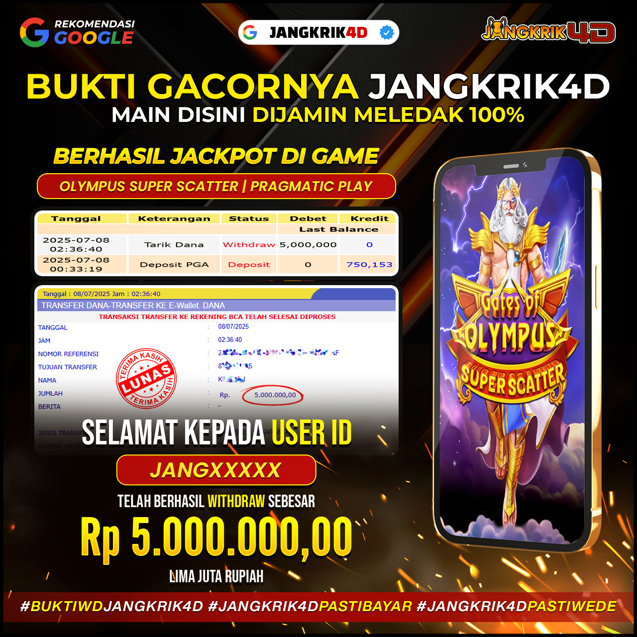 Asli Keren Banget Sih ini ! Selamat ya buat member Jangkrik4D dengan ID Username : JANGXXXXX yang berhasil withdraw jackpot Rp.5.000.000 di tanggal 08 Juli 2025 !!!