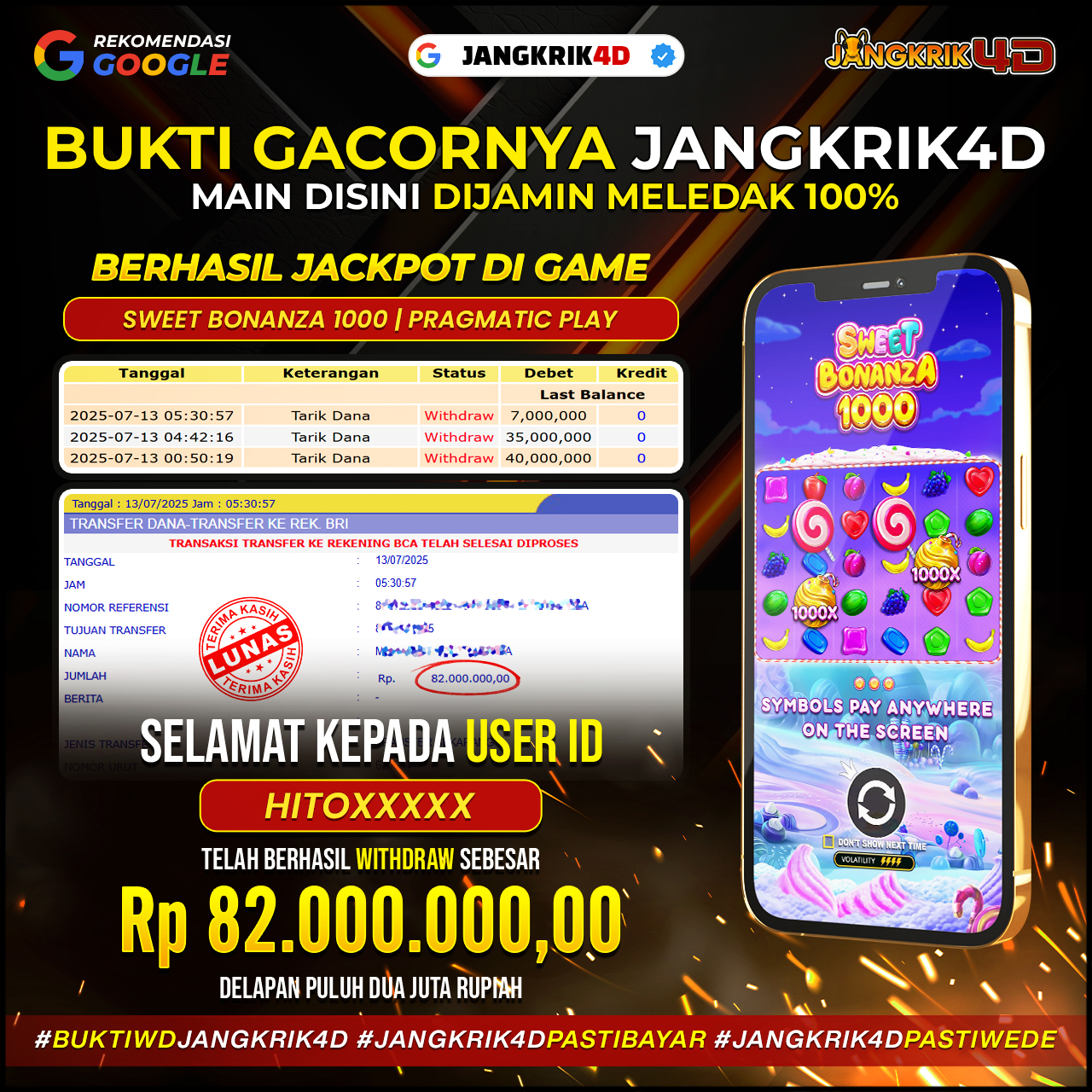 Gilak sih ini gacor banget ! selamat yaa buat member Jangkrik4D ID Username : HITOXXXXX yang udah sukses withdraw jackpot Rp.82.000.000 di tanggal 13 Juli 2025 kemarin!