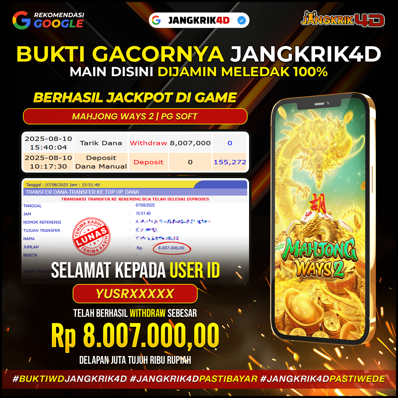 Yooo gengs! Member Jangkrik4D ID Username : YUSRXXX berhasil WD jackpot Rp.8.007.000 tanggal 10 Agustus 2025 nih!