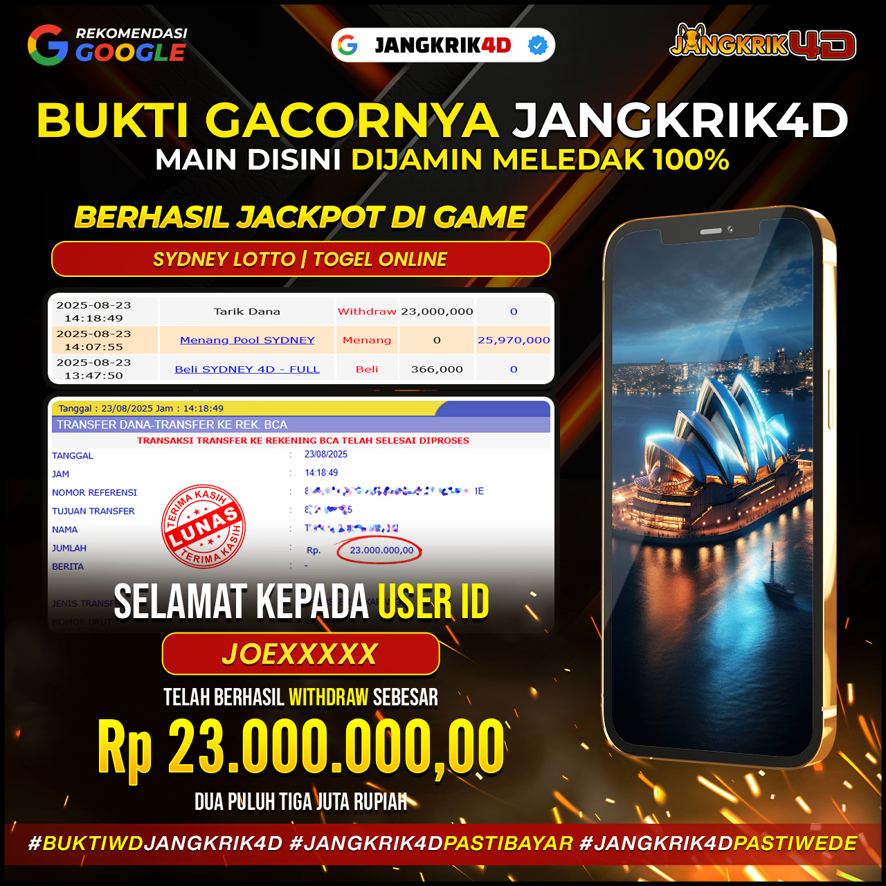 Wuihh mantap Banget ! Selamat buat member setia Jangkrik4D dengan ID Username : JOEXXXX yang udah sukses withdraw jackpot Rp.23.000.000 di tanggal 23 Agustus 2025!