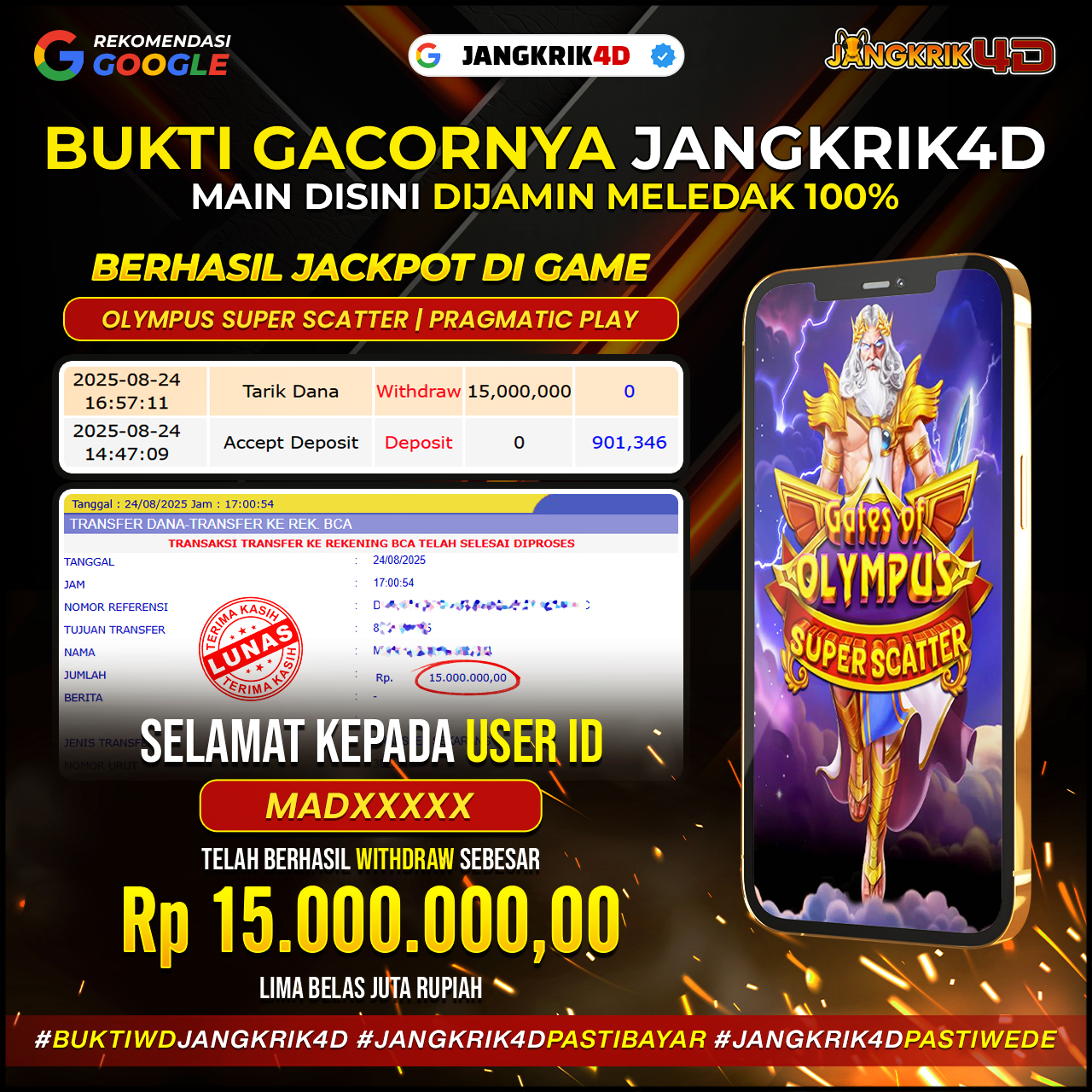 Gokil sih! Salah satu member kece kita dengan ID Username : MADXXXX baru aja sukses WD jackpot Rp.15.000.000 tanggal 24 Agustus 2025!