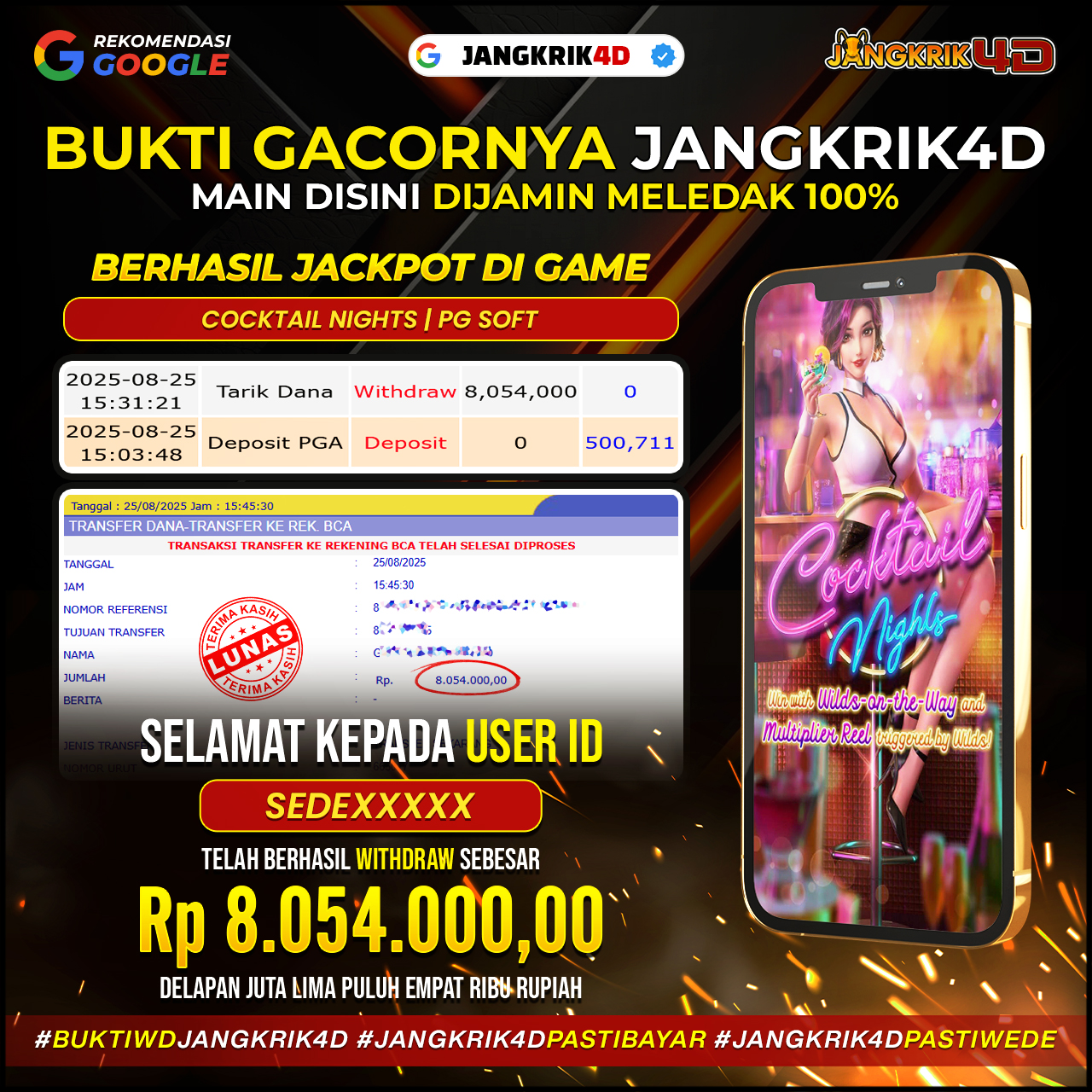 Mantap jiwa Banget nih ! Member kece kita dengan ID Username : SEDEXXX baru aja sukses WD jackpot Rp.8.054.000 tanggal 25 Agustus 2025 !