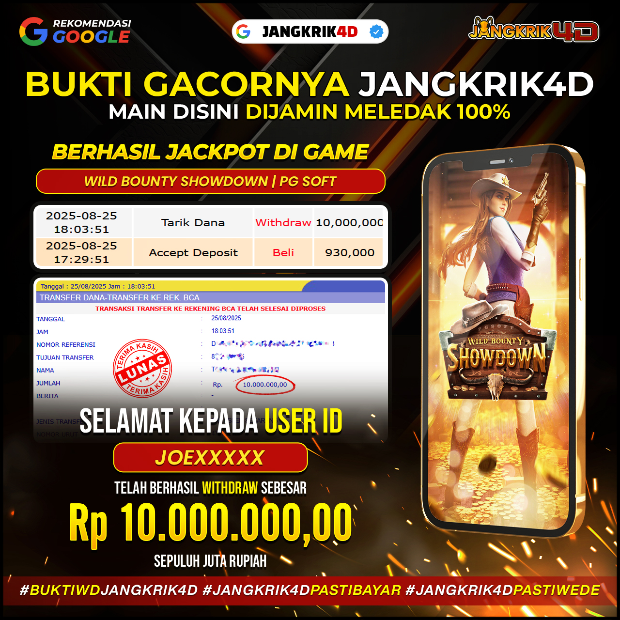 Wuihh mantap banget! Selamat buat member setia Jangkrik4D dengan ID Username : JOEXXXX yang berhasil withdraw jackpot Rp.10.000.000 pada tanggal 25 Agustus 2025!
