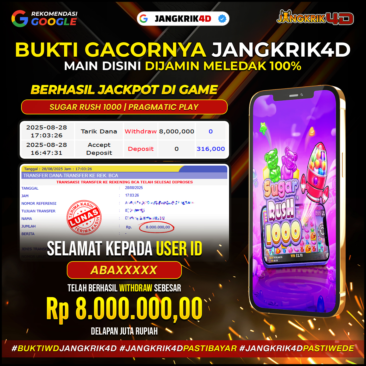 Woooow, selamat banget buat member Jangkrik4D dengan ID Username : ABAXXXX yang udah berhasil WD jackpot Rp.8.000.000 pada tanggal 28 Agustus 2025!