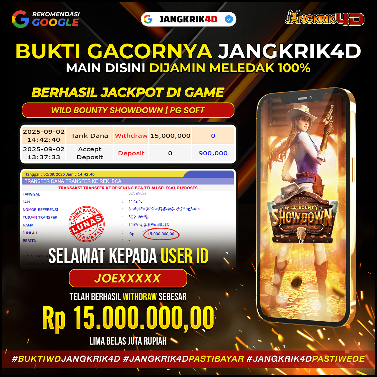 Selamat buat member Jangkrik4D dengan ID: JOEXXXX Kamu berhasil withdraw jackpot Rp.15.000.000 pada tanggal 2 Agustus 2025!