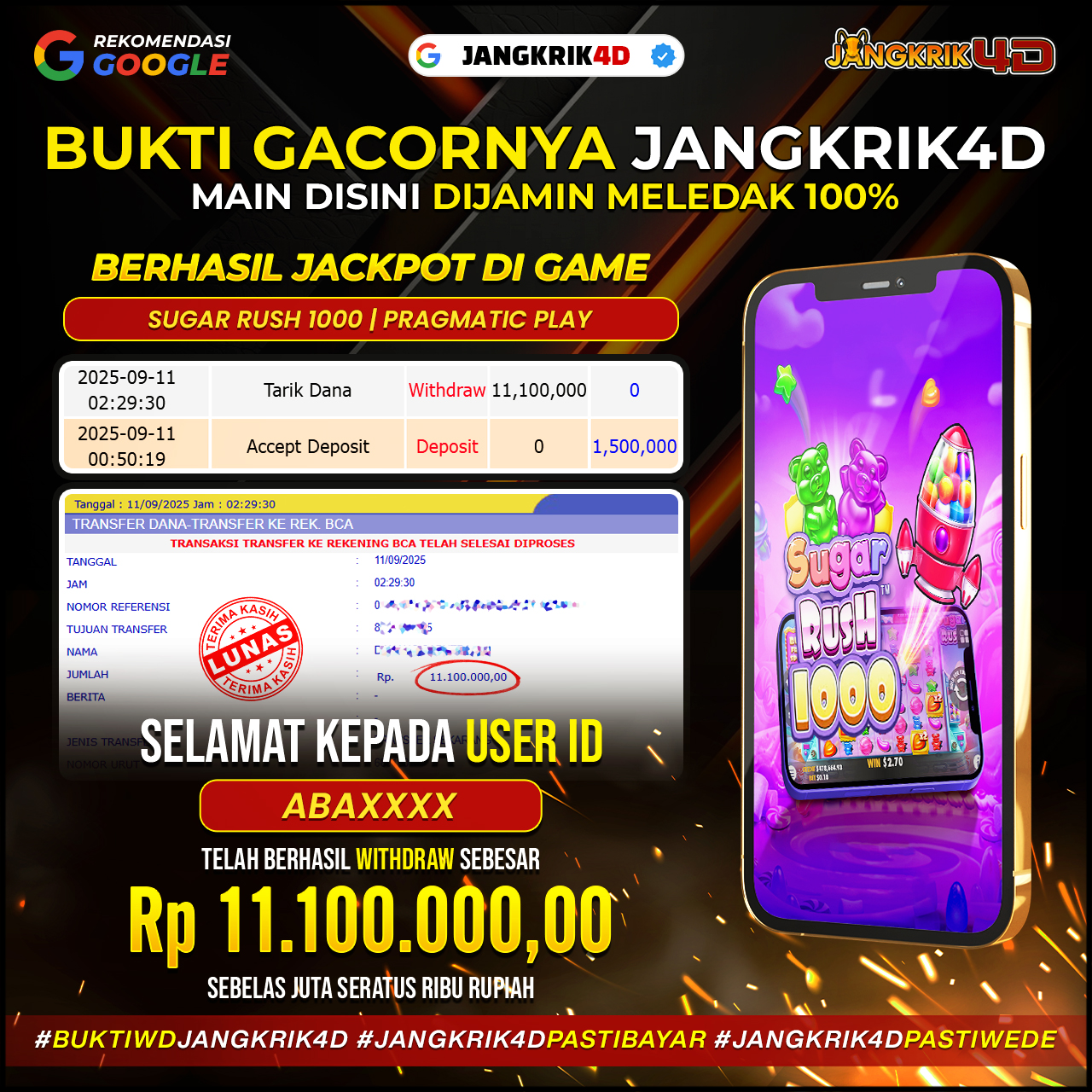 Kabar gembira nih! Selamat kepada member Jangkrik4D dengan ID Username : ABAXXXX yang berhasil withdraw jackpot Rp.11.100.000 pada tanggal 11 Agustus 2025!