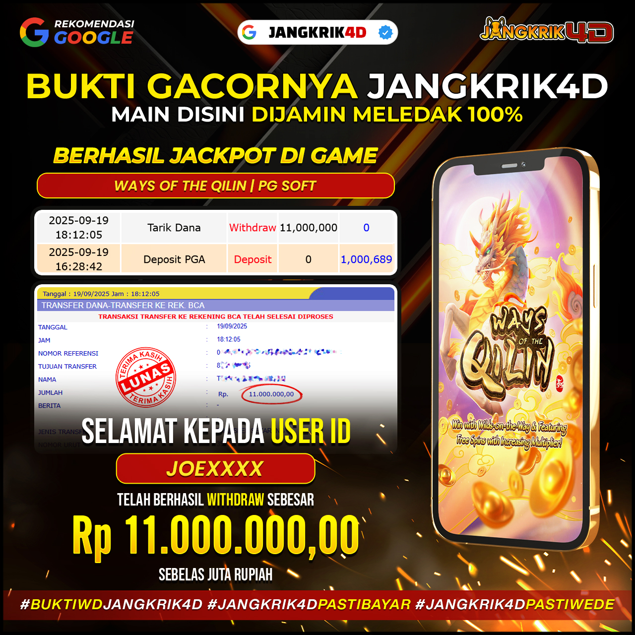 Cuan Ngalir Deras ! Selamat buat member Jangkrik4D dengan ID Username : JOEXXXX yang berhasil withdraw jackpot Rp.11.000.000 tanggal 19 Agustus 2025!