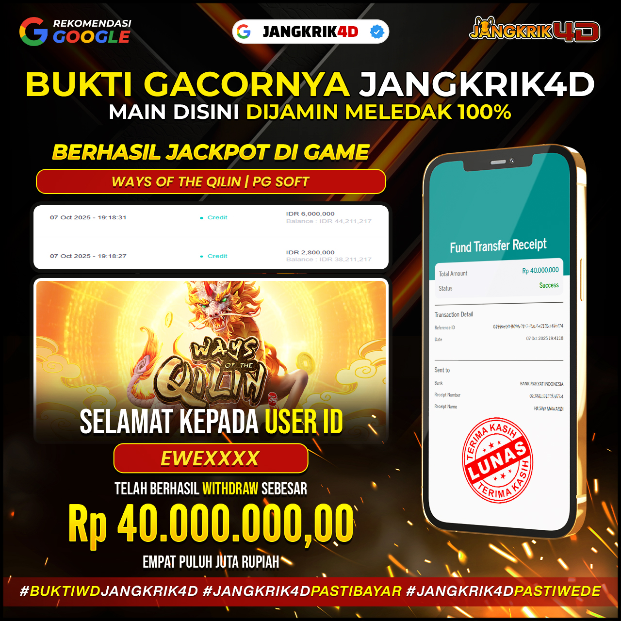 Gokil Abiss ! Selamat buat member kece kita dengan ID Username : EWEXXXX yang berhasil cairin JACKPOT-nya Rp.40.000.000 tanggal 07 Agustus 2025!