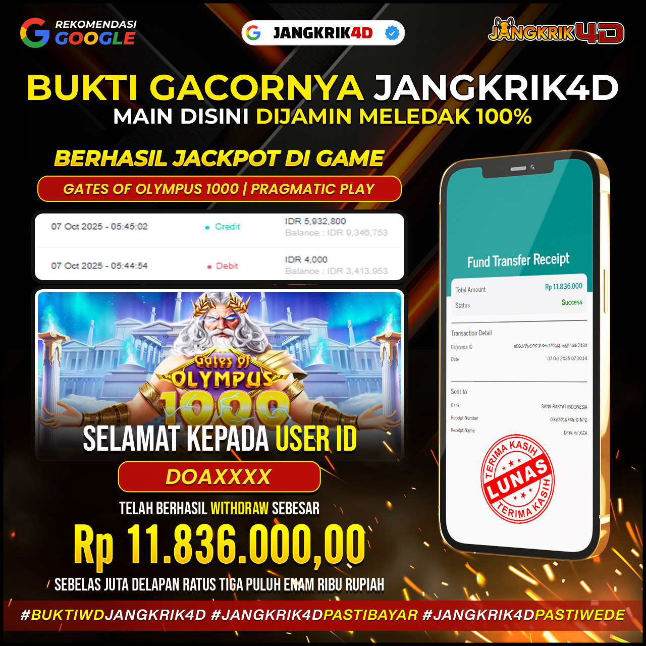 Wihhh mantap! Selamat buat member setia Jangkrik4D dengan ID Username : DOAXXXX yang udah berhasil WD jackpot Rp. 11.836.000 pada tanggal 07 Agustus 2025!!