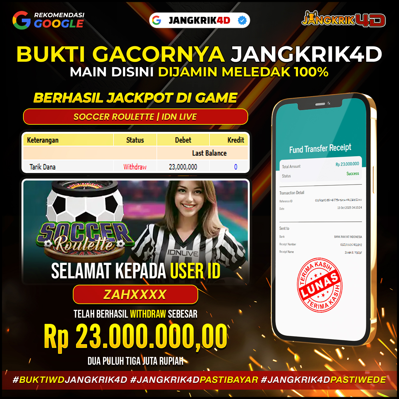 Wihhh, selamat ya buat member setia Jangkrik4D dengan ID Username : ZAHXXXX yang berhasil WD jackpot pada tanggal 13 Oktober 2025!