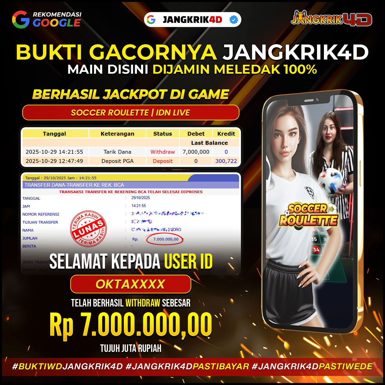 Wihhh Gacor Banget Boss ! Selamat banget buat member Jangkrik4D ID Username : OKTAXXXX yang udah sukses withdraw jackpot Rp.7.000.000 pada tanggal 29 Oktober 2025 kemarin!
