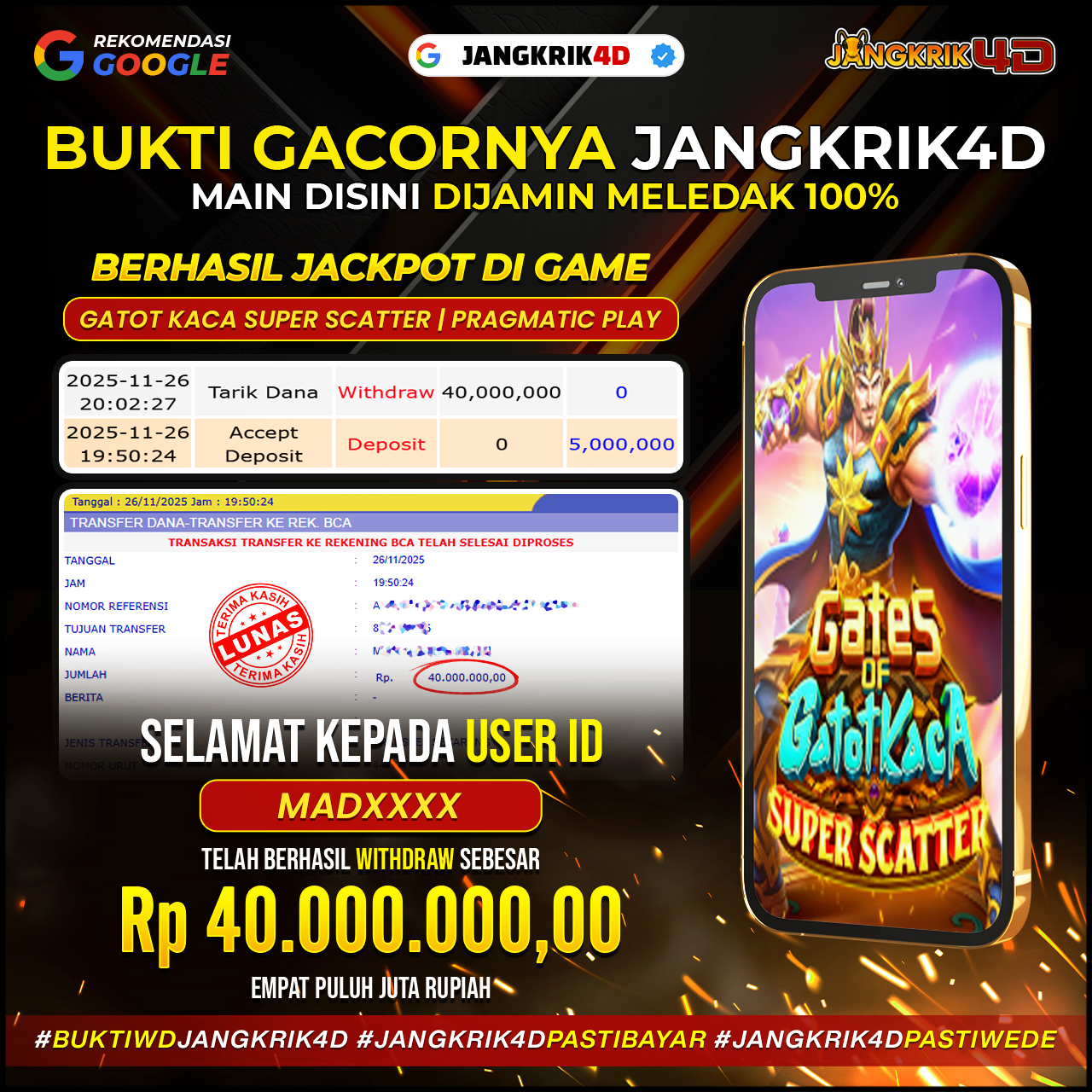 Keren banget asli Boss! Selamat buat member Jangkrik4D dengan ID Username : MADXXXX yang berhasil withdraw jackpot Rp. 40.000.000 hari ini, 26 November 2025!