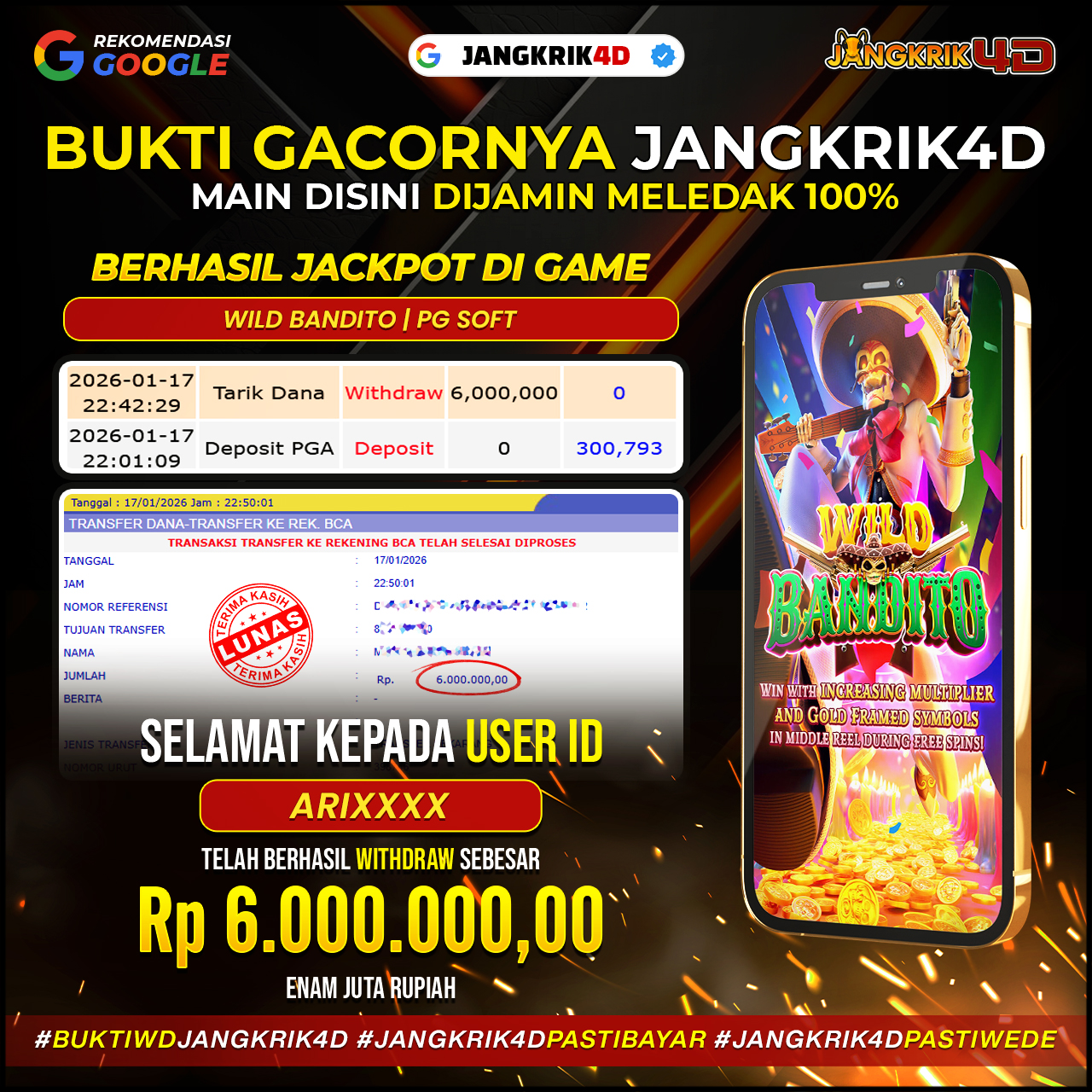 Yeayyy! Member Jangkrik4D ID Username : ARIXXXX baru aja berhasil withdraw jackpotnya Rp.6.000.000 tanggal 17 Januari 2026!