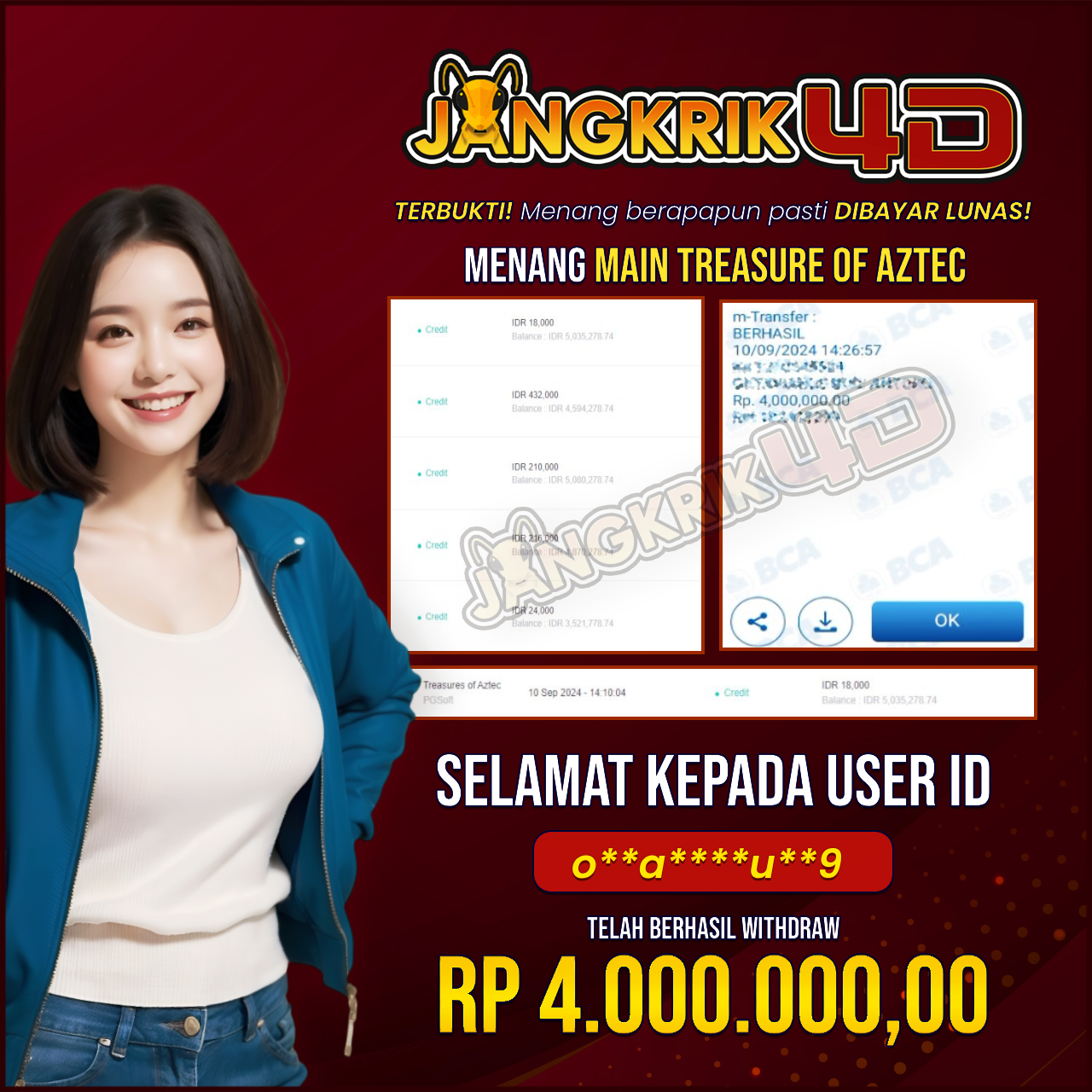 Selamat kepada user o**a****u**9 yang telah berhasil melakukan penarikan sebesar Rp. 4.000.000.