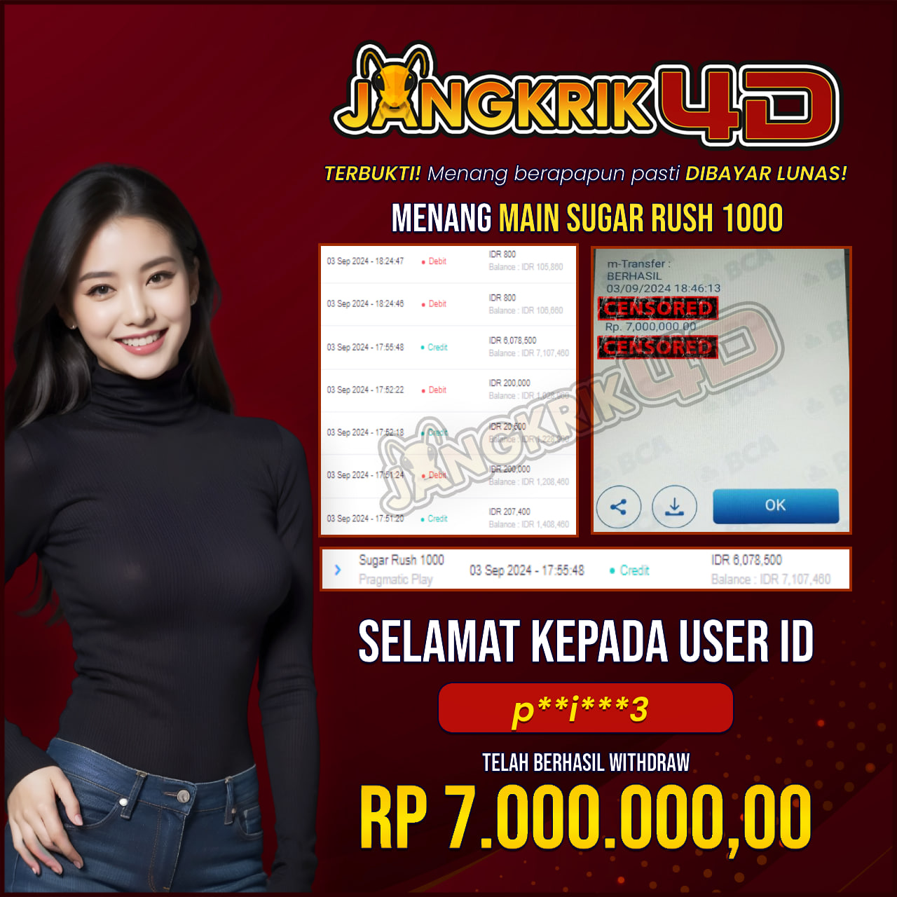 Selamat kepada user p**i***3 yang telah berhasil melakukan penarikan sebesar Rp. 7.000.000.