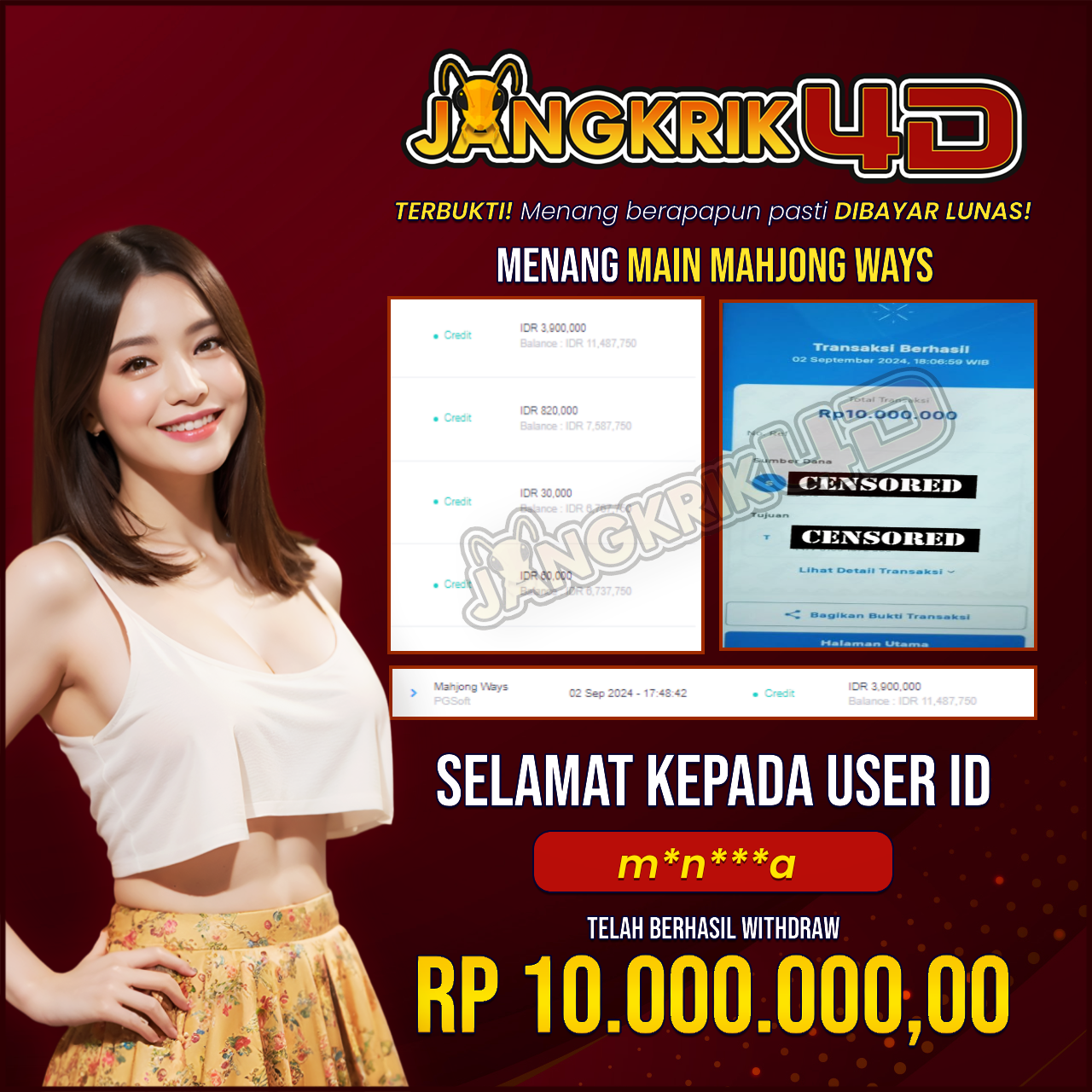 Selamat kepada m*n***a user yang telah berhasil melakukan penarikan sebesar Rp. 10.000.000.