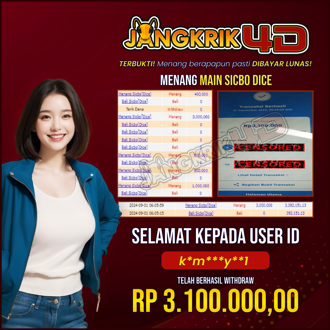 Selamat kepada user K**m***y**1  yang telah berhasil melakukan penarikan sebesar Rp. 3.100.000.