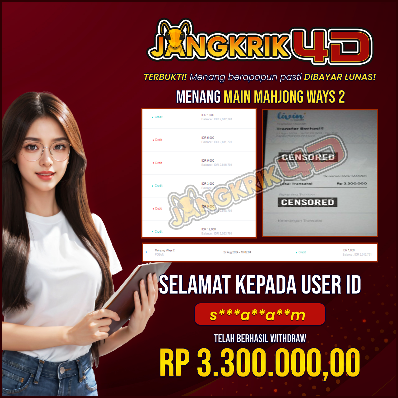 Selamat kepada user s***a**a**m yang telah berhasil melakukan penarikan sebesar Rp. 3.300.000.