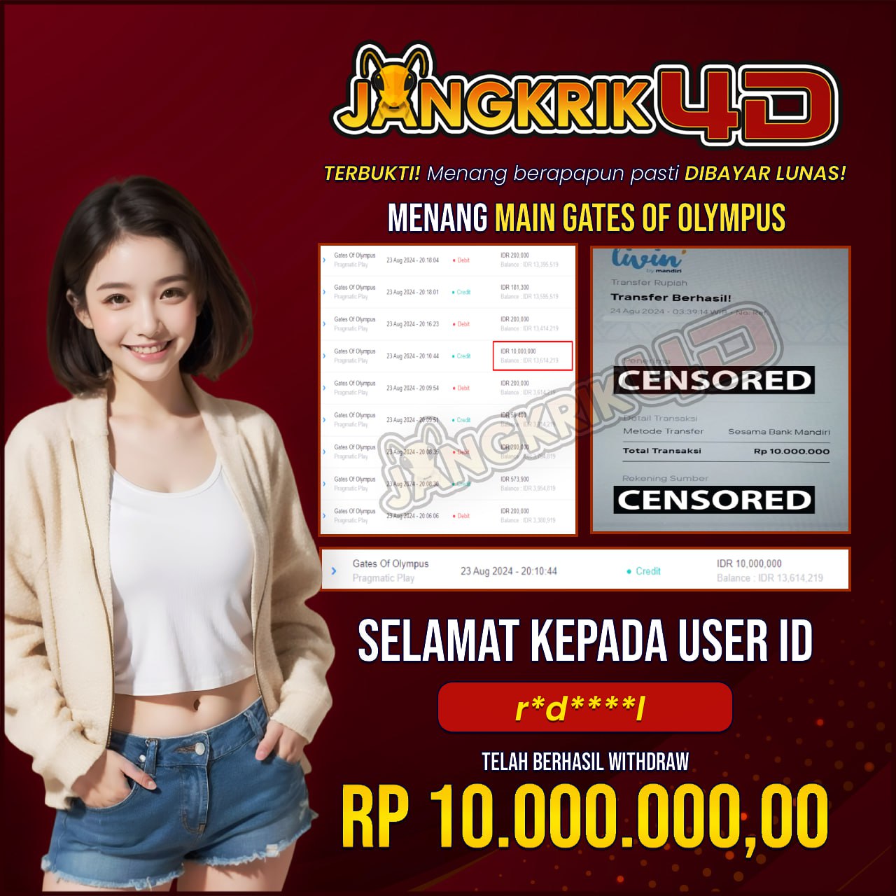 Selamat kepada user r*d***1 yang telah berhasil melakukan penarikan sebesar Rp. 10.000.000.