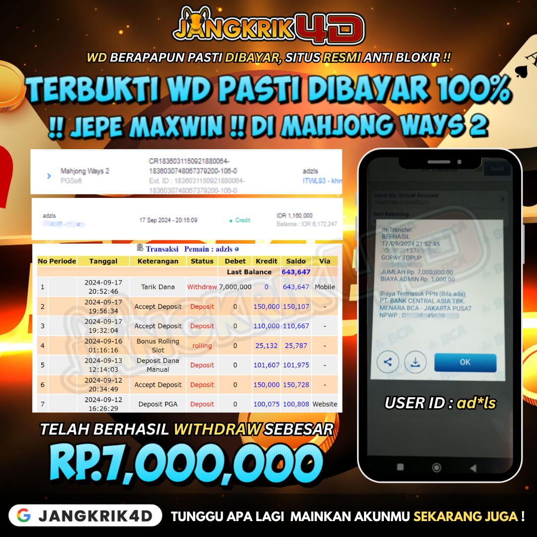 Selamat kepada Member Jangkrik4D ID *ls yang Baru Saja Withdraw Jackpot Rp.7.000.000!