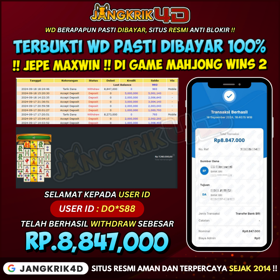 Selamat kepada USER ID : DO*S88! Berhasil Jackpot Rp. 8,847,000 Sudah Cair!