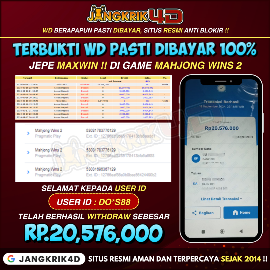 Selamat! Member Jangkrik4D USER ID: DO*S88 Berhasil Withdraw Jackpot Rp 20,576,000!