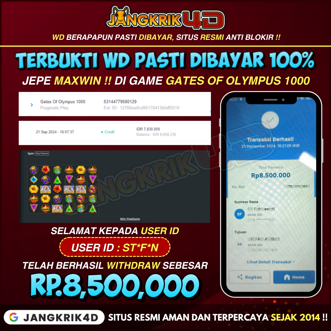 Selamat Kepada USER ID: ST*F*N Berhasil Jackpot di Jangkrik4D Sebesar Rp.8,500,000