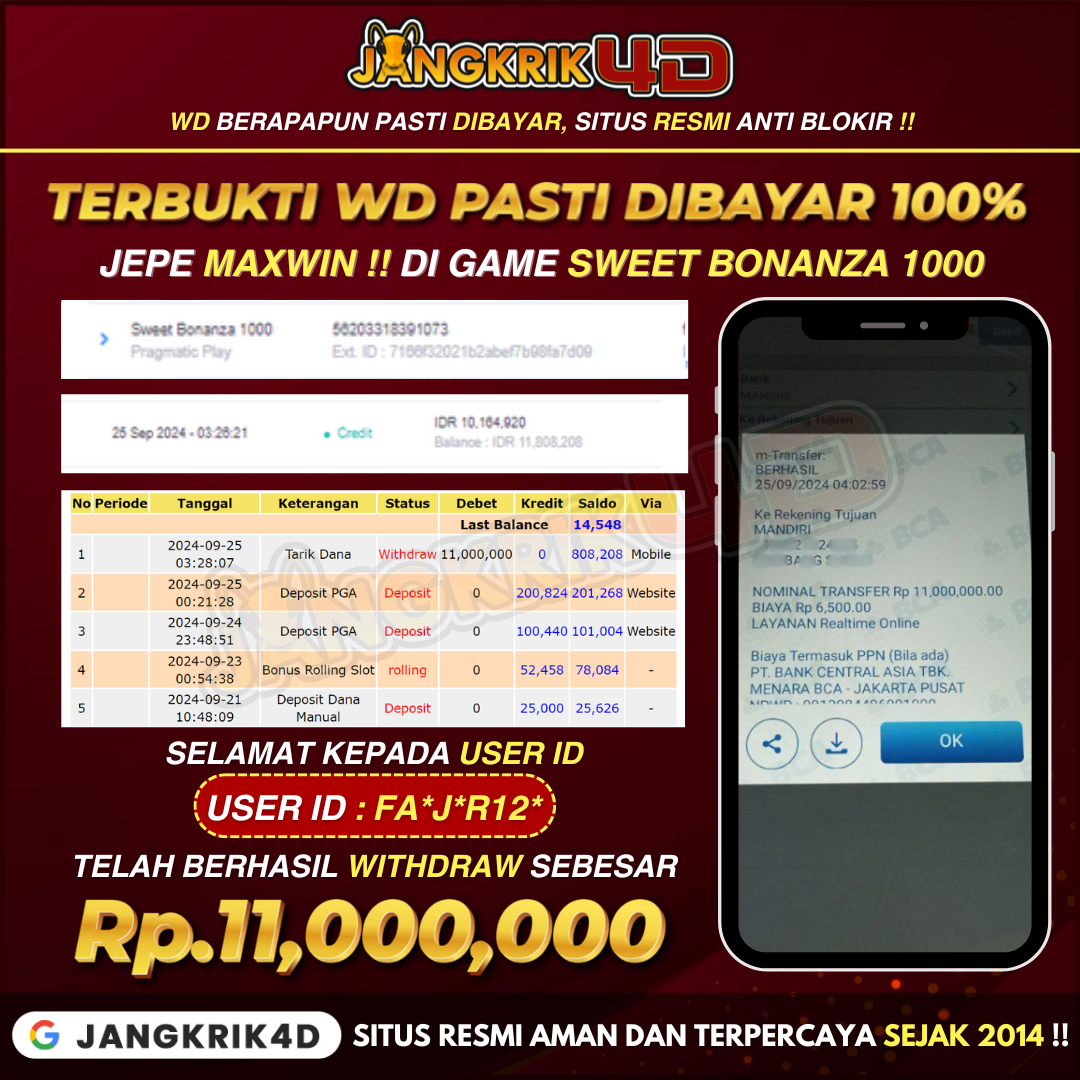 Selamat! Kepada USER ID : FA*J*R12* Berhasil WD Jackpot 11 Juta! di Jangkrik4D