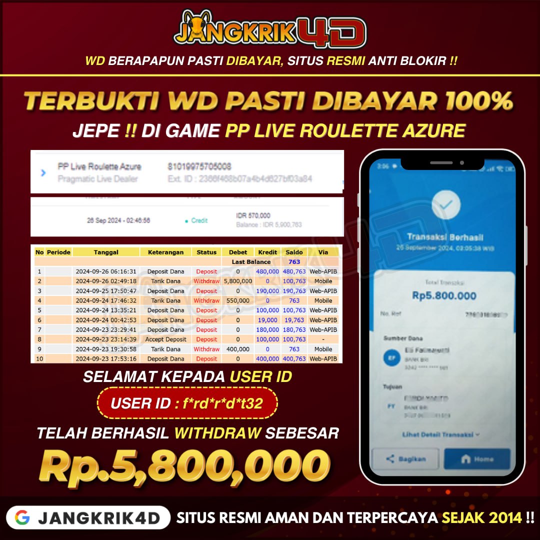 Selamat! Member Jangkrik4D USER ID: f*rd*r*d*t32 Berhasil Withdraw Jackpot Rp 5,800,000!