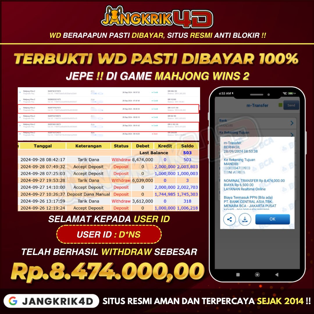 Selamat! Member Jangkrik4D USER ID: DO**S Berhasil WD Jackpot Rp. 8,474,000!