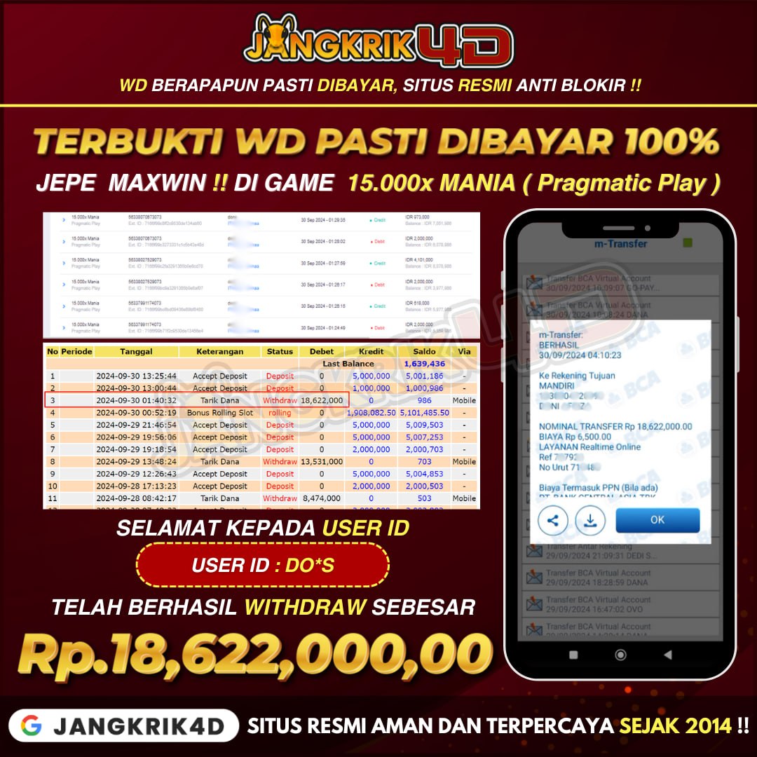 Selamat untuk member Jangkrik4D dengan USER ID: DO*S yang sukses withdraw jackpotnya Rp 18,622,000